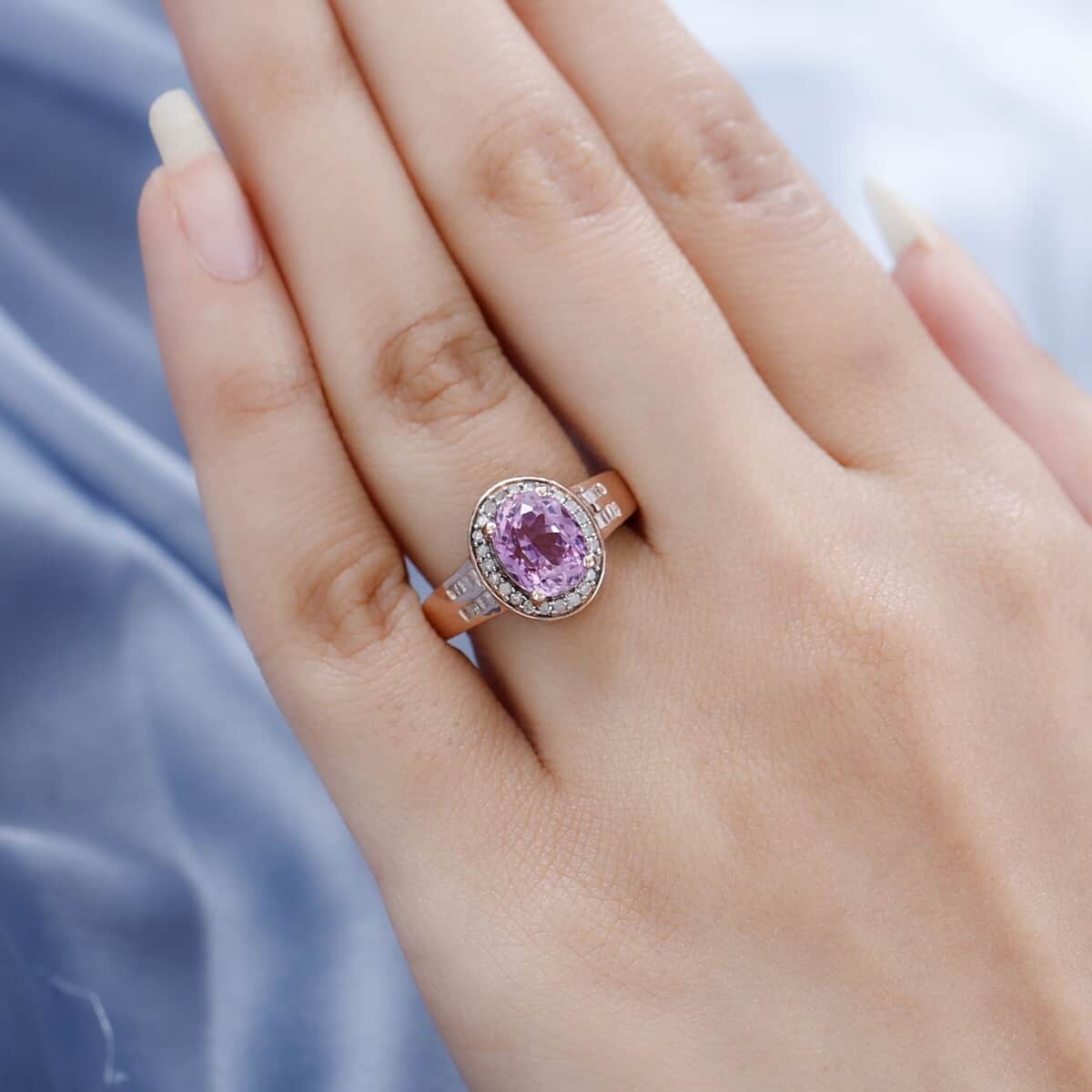 AAA Patroke Kunzite and Diamond Halo Ring in Vermeil Rose Gold Over Sterling Silver (Size 6.0) 2.85 ctw image number 2