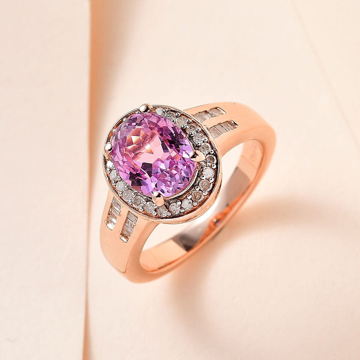 AAA Patroke Kunzite and Diamond Halo Ring in Vermeil Rose Gold Over Sterling Silver (Size 7.0) 2.85 ctw image number 1