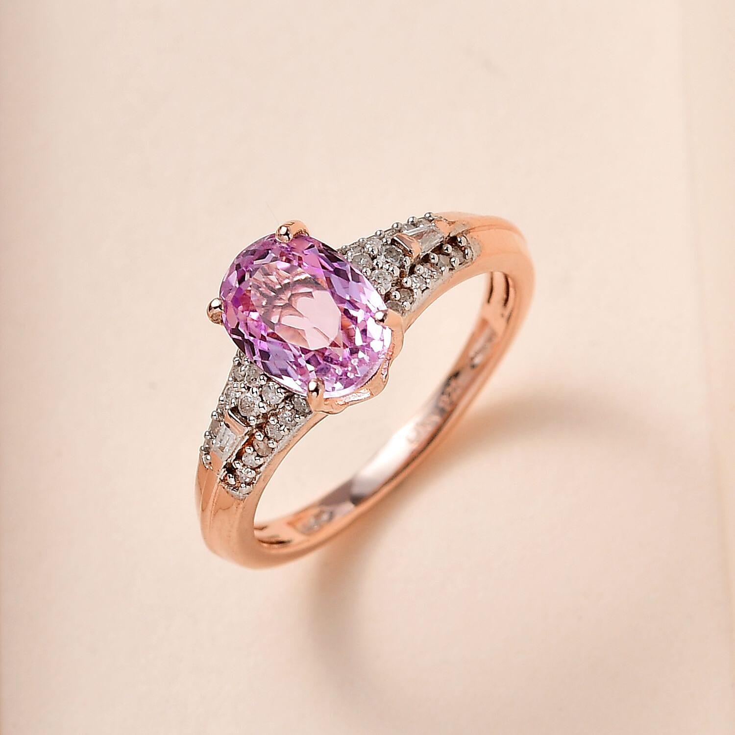 AAA Patroke Kunzite and Diamond Ring in Vermeil Rose Gold Over Sterling Silver (Size 6.0) 2.00 ctw