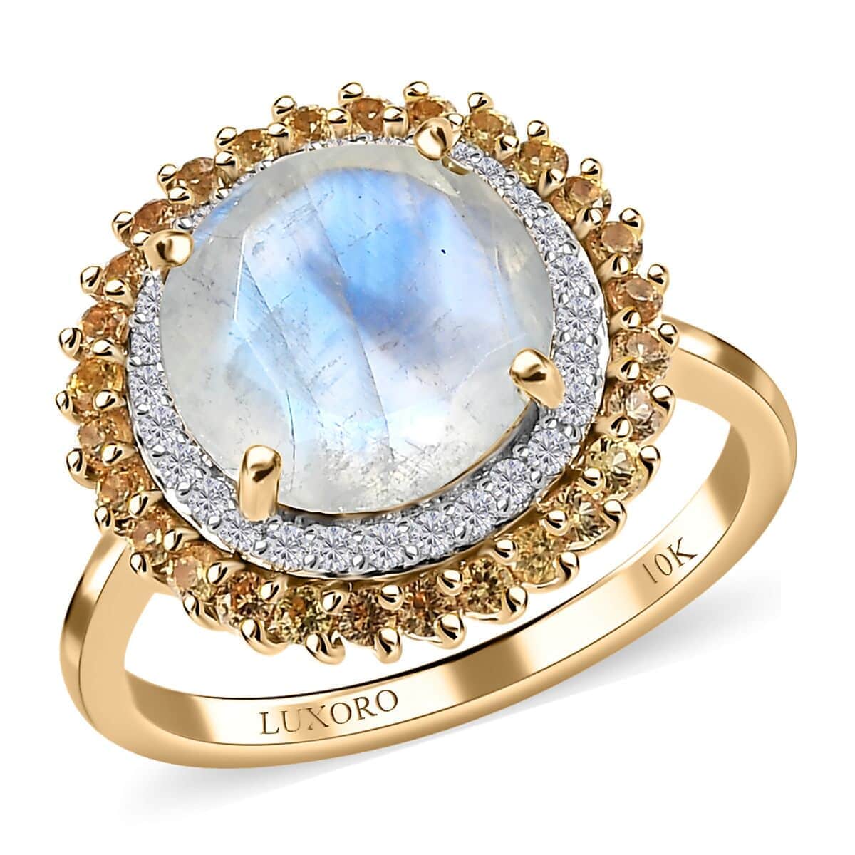 Luxoro 10K Yellow Gold Premium Rainbow Moonstone and Multi Gemstone Double Halo Ring (Size 10.0) 4.40 ctw image number 0