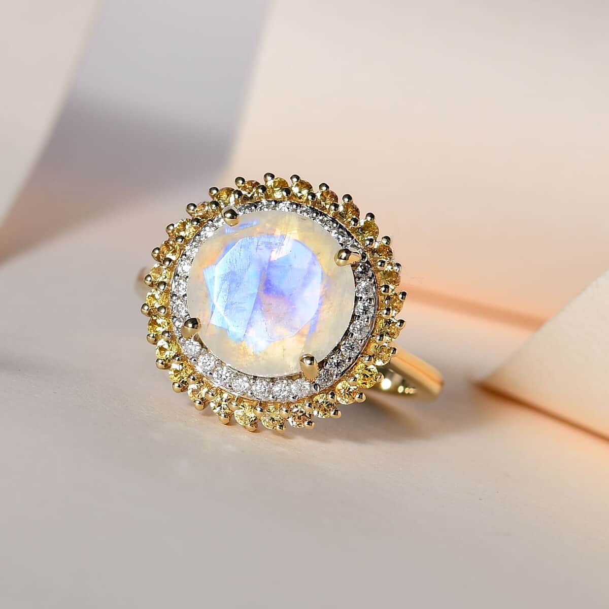 Luxoro 10K Yellow Gold Premium Rainbow Moonstone and Multi Gemstone Double Halo Ring (Size 10.0) 4.40 ctw image number 1