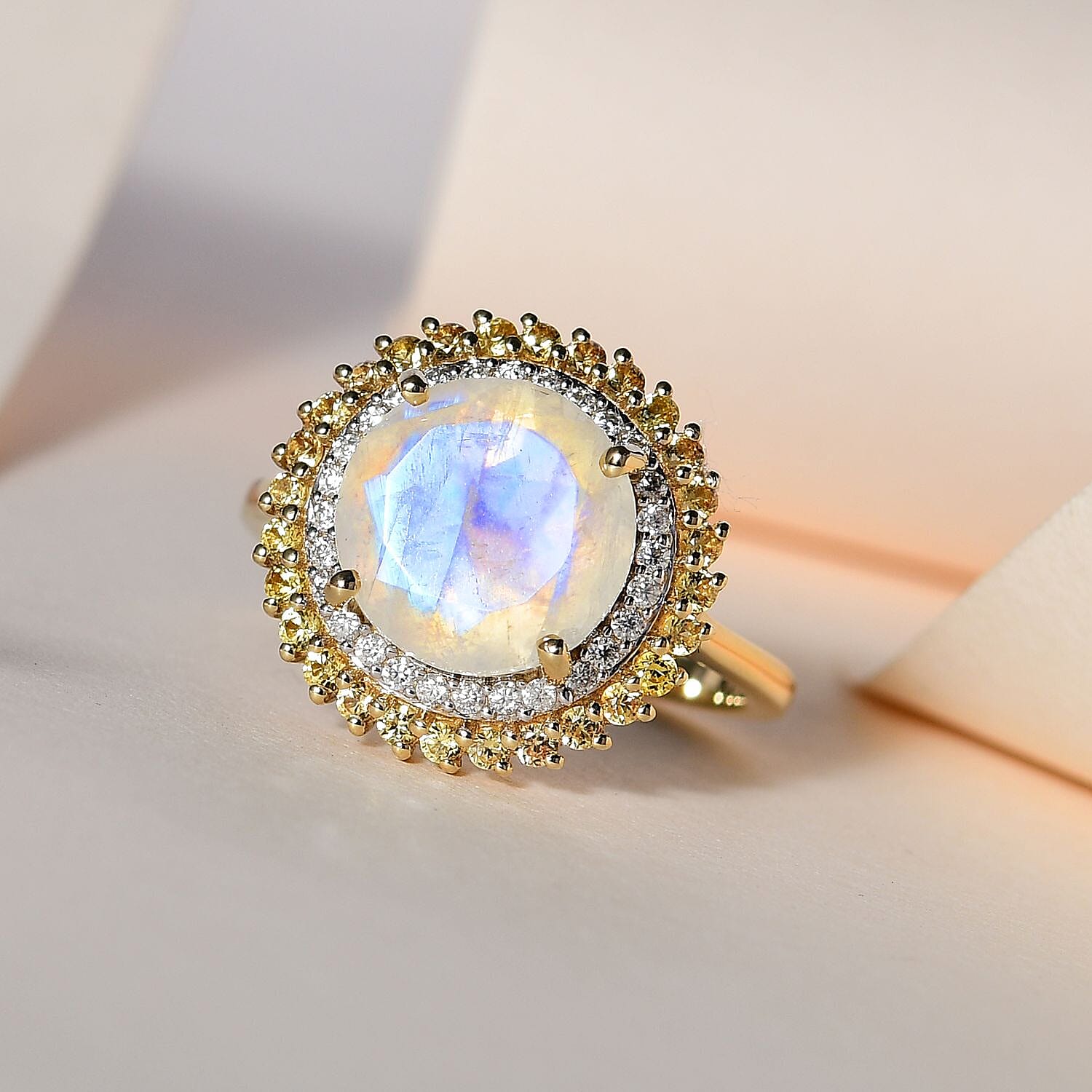 Luxoro 10K Yellow Gold Premium Rainbow Moonstone and Multi Gemstone Double Halo Ring (Size 6.0) 4.40 ctw