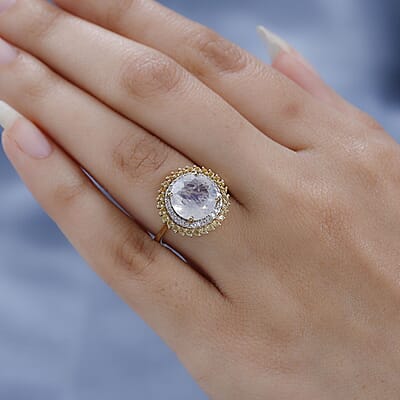 Luxoro 10K Yellow Gold Premium Rainbow Moonstone and Multi Gemstone Double Halo Ring (Size 6.0) 4.40 ctw