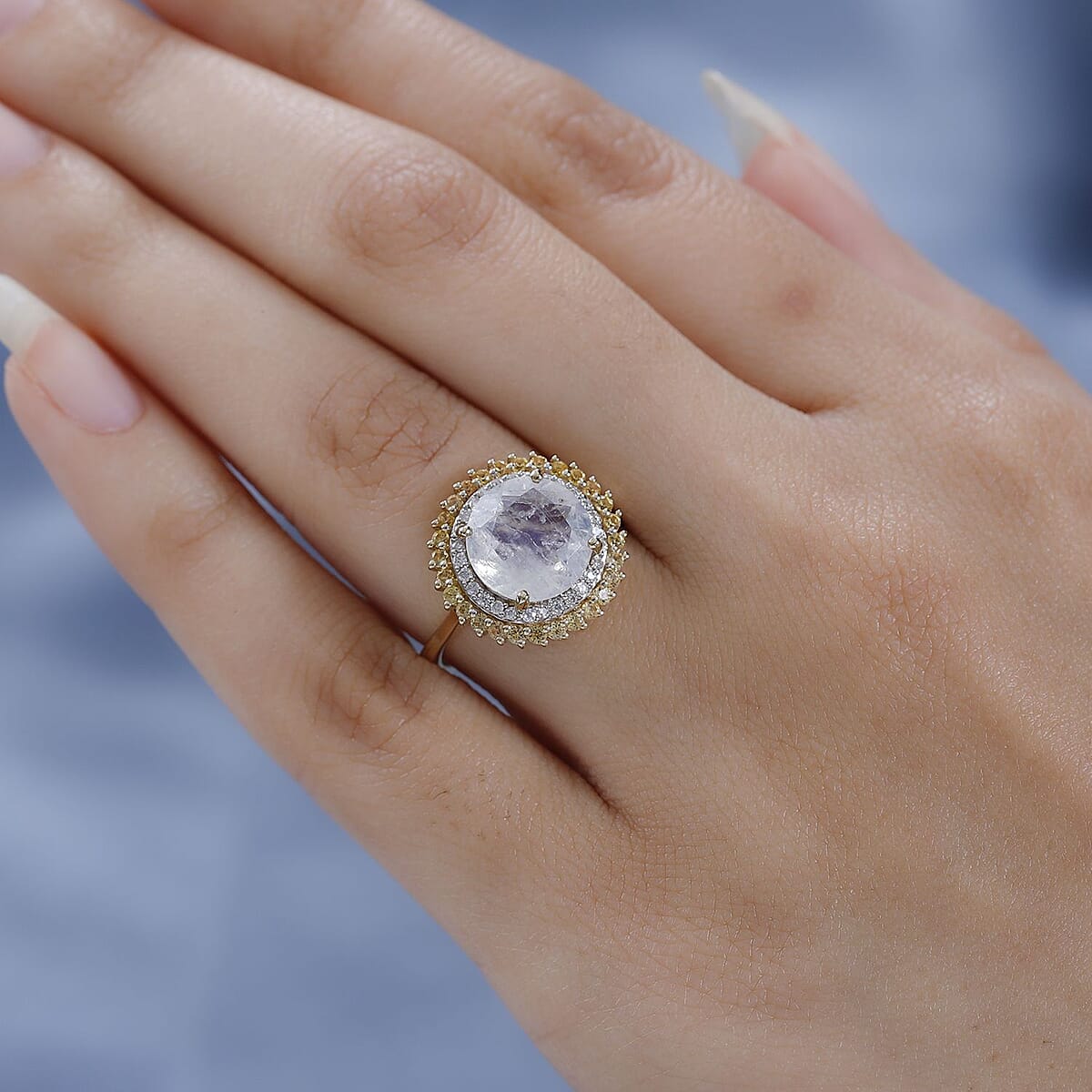 Luxoro 10K Yellow Gold Premium Rainbow Moonstone and Multi Gemstone Double Halo Ring (Size 7.0) 4.40 ctw image number 2