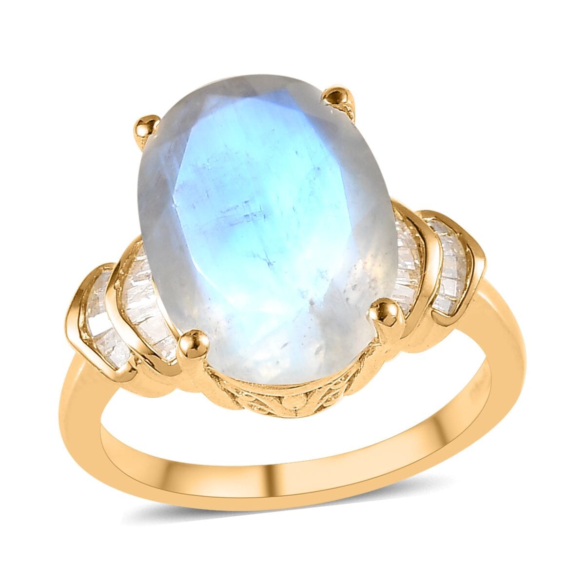 Premium Rainbow Moonstone and Diamond Ring in Vermeil Yellow Gold Over Sterling Silver (Size 10.0) 6.10 ctw image number 0