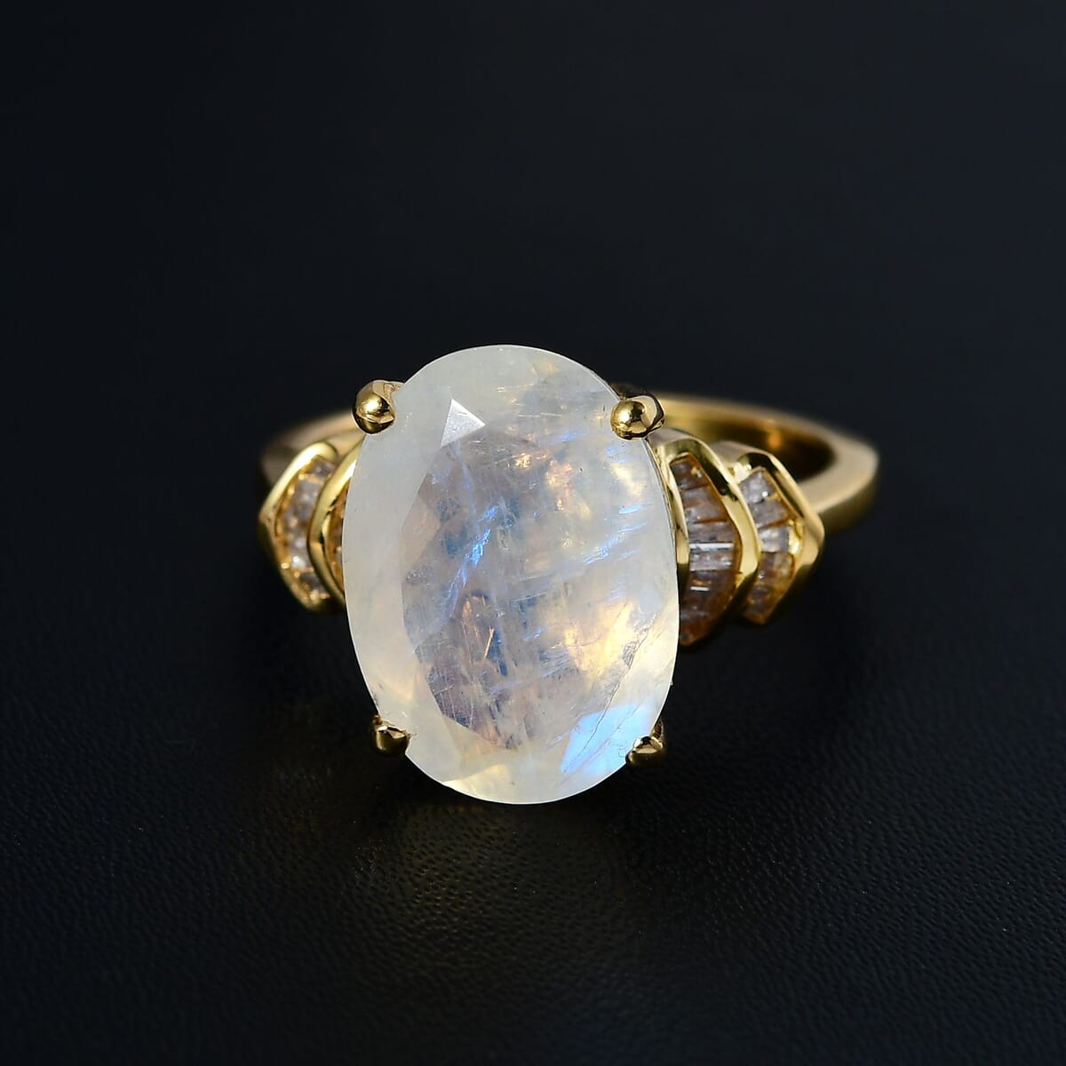 Premium Rainbow Moonstone and Diamond Ring in Vermeil Yellow Gold Over Sterling Silver (Size 10.0) 6.10 ctw image number 1