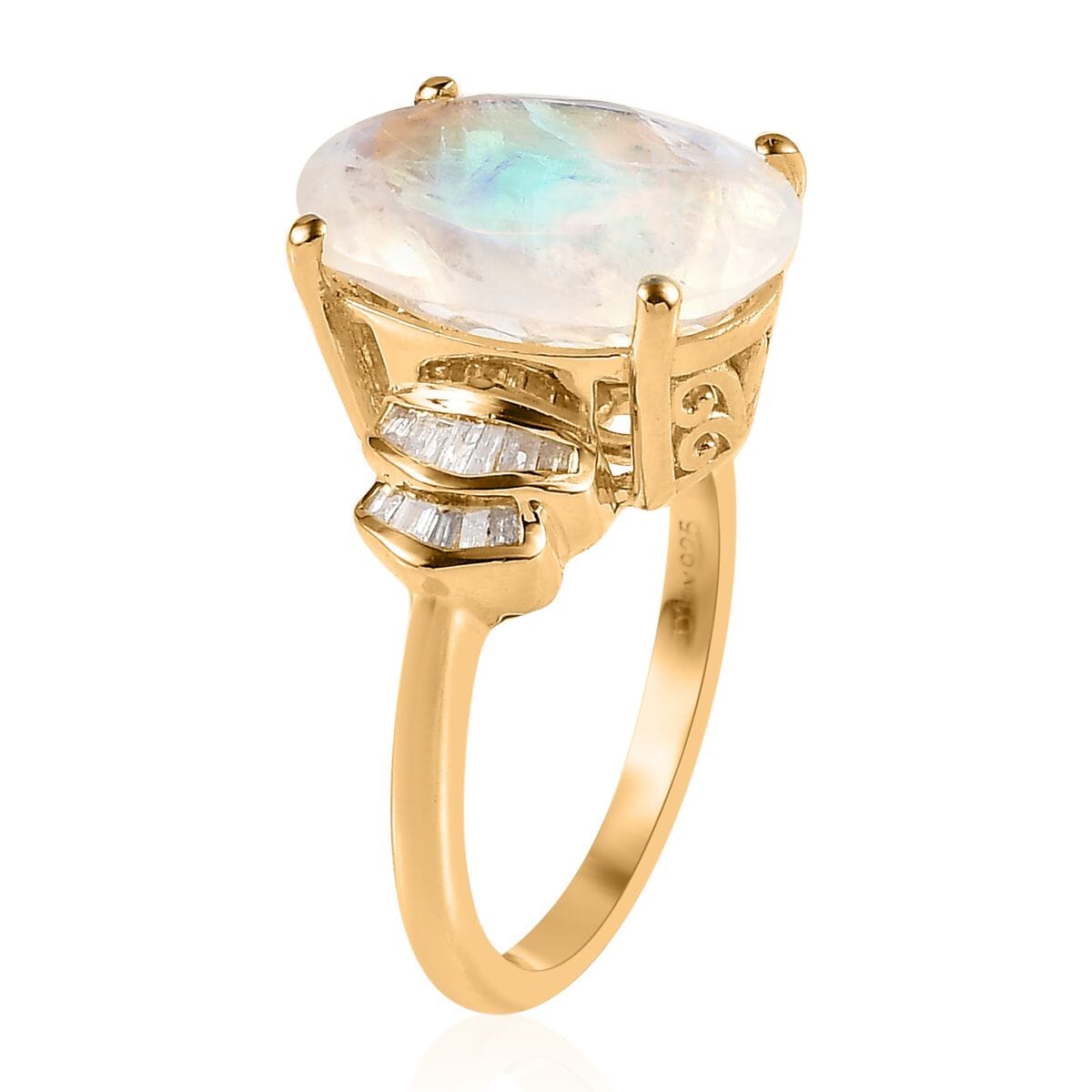 Premium Rainbow Moonstone and Diamond Ring in Vermeil Yellow Gold Over Sterling Silver (Size 10.0) 6.10 ctw image number 2