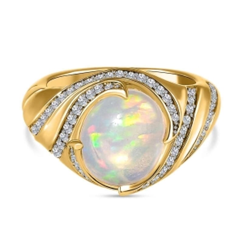 Ethiopian Welo Opal and White Zircon 3.36 ctw Ring in Vermeil Yellow Gold Over Sterling Silver (Size 9.0) (5.72 g)
