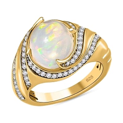 Ethiopian Welo Opal and White Zircon 3.36 ctw Ring in Vermeil Yellow Gold Over Sterling Silver (Size 9.0) (5.72 g)