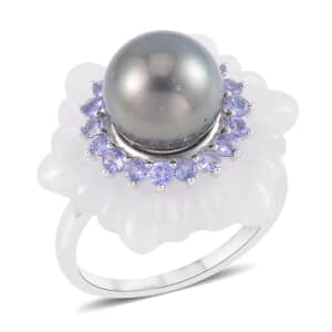 Tahitian Cultured Pearl and Multi Gemstone Ring in Rhodium Over Sterling Silver (Size 10.0) 18.10 ctw