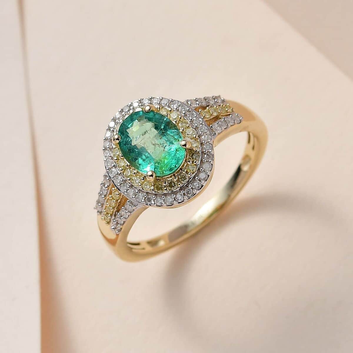 Luxoro 10K Yellow Gold AAA Kagem Zambian Emerald, Natural Yellow and White Diamond I3 Double Halo Ring 1.50 ctw image number 1