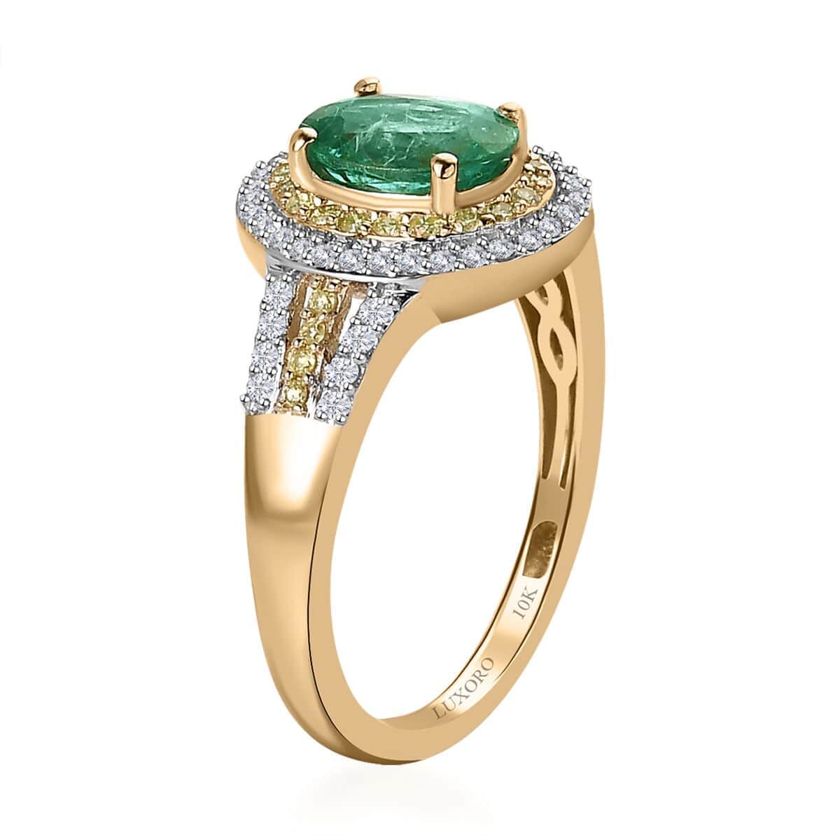 Luxoro 10K Yellow Gold AAA Kagem Zambian Emerald, Natural Yellow and White Diamond I3 Double Halo Ring 1.50 ctw image number 3