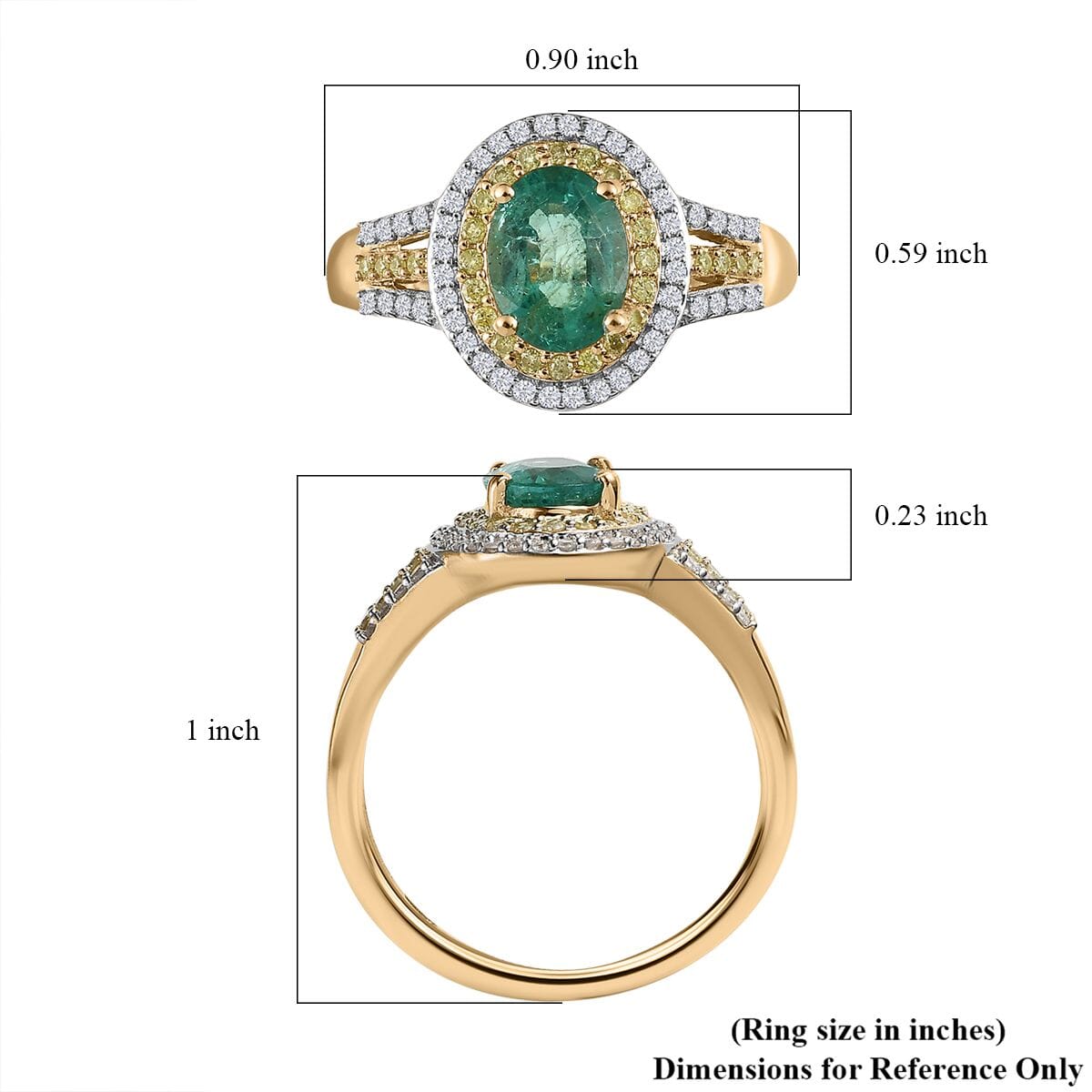 Luxoro 10K Yellow Gold AAA Kagem Zambian Emerald, Natural Yellow and White Diamond I3 Double Halo Ring (Size 6.0) 1.60 ctw image number 5