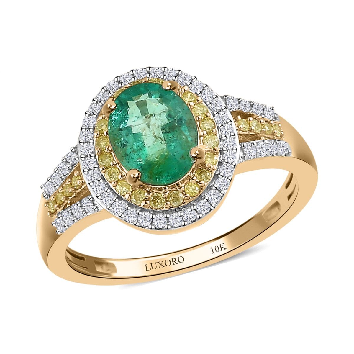 Luxoro 10K Yellow Gold AAA Kagem Zambian Emerald, Natural Yellow and White Diamond I3 Double Halo Ring (Size 7.0) 1.60 ctw image number 0