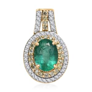 Luxoro 10K Yellow Gold AAA Kagem Zambian Emerald, Natural Yellow and White Diamond I3 Double Halo Pendant 1.50 ctw