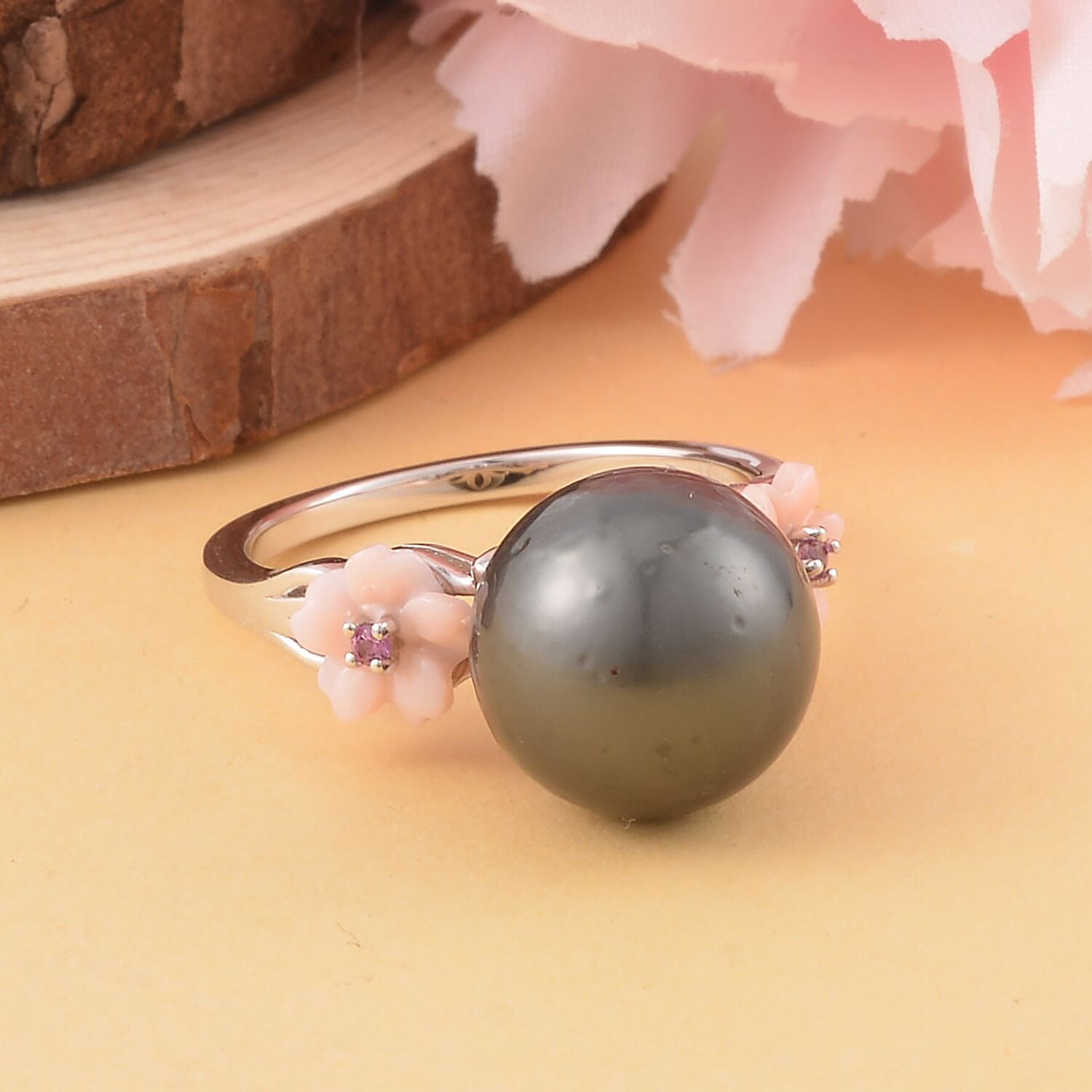 Tahitian Cultured Pearl and Multi Gemstone Ring in Rhodium Over Sterling Silver (Size 10.0)