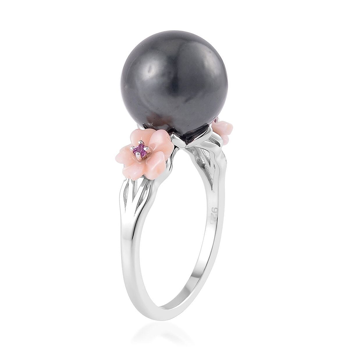 Tahitian Cultured Pearl and Multi Gemstone Ring in Rhodium Over Sterling Silver (Size 10.0)