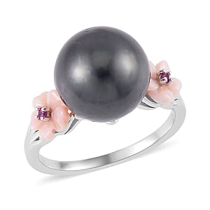 Tahitian Cultured Pearl and Multi Gemstone Ring in Rhodium Over Sterling Silver (Size 5.0)