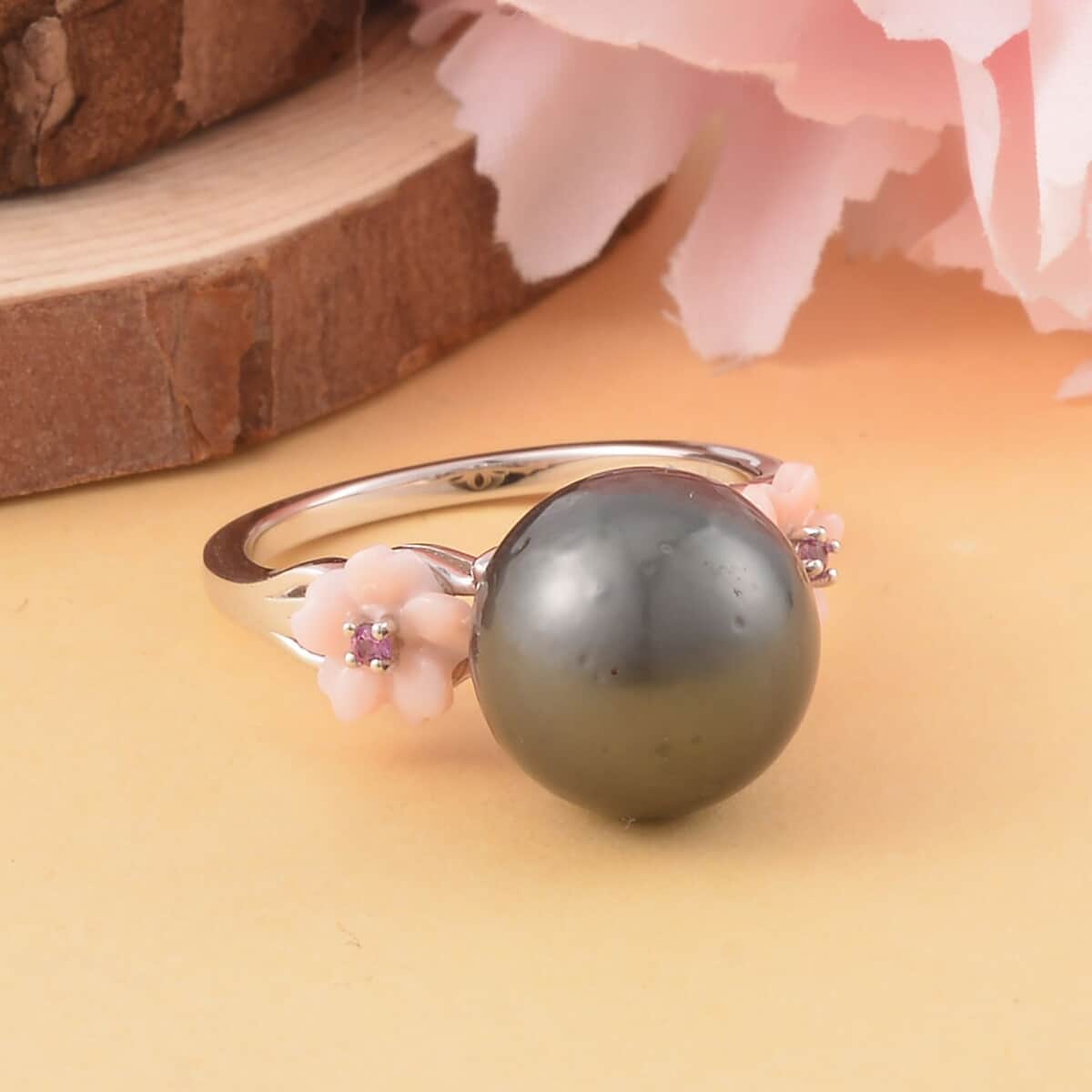 Tahitian Cultured Pearl and Multi Gemstone Ring in Rhodium Over Sterling Silver (Size 8.0) image number 1