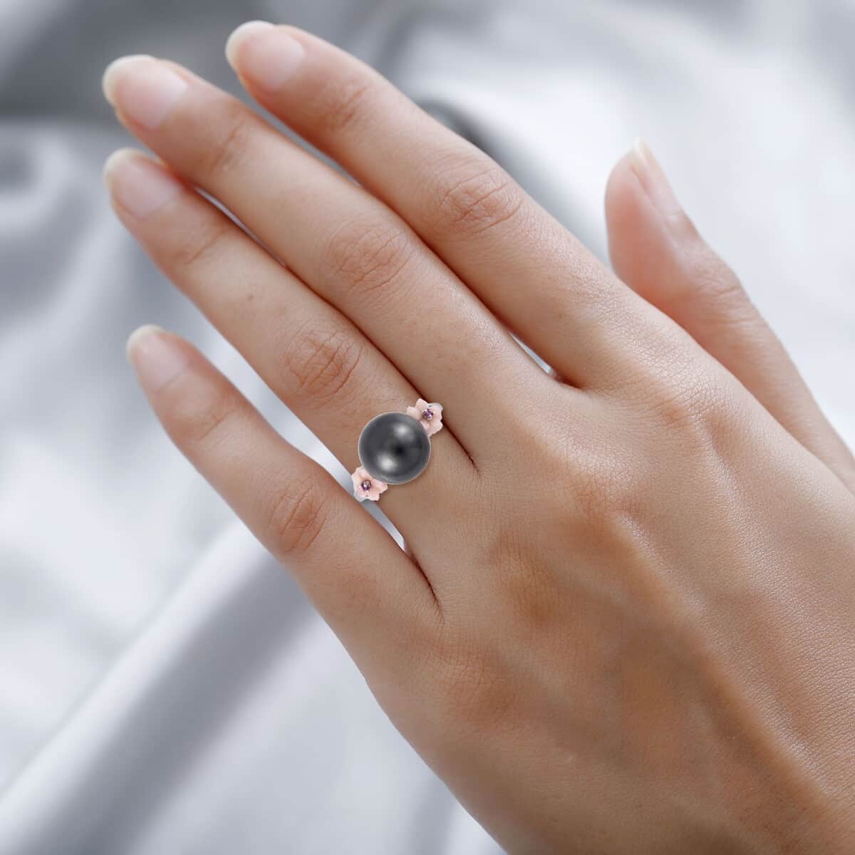 Tahitian Cultured Pearl and Multi Gemstone Ring in Rhodium Over Sterling Silver (Size 8.0) image number 2