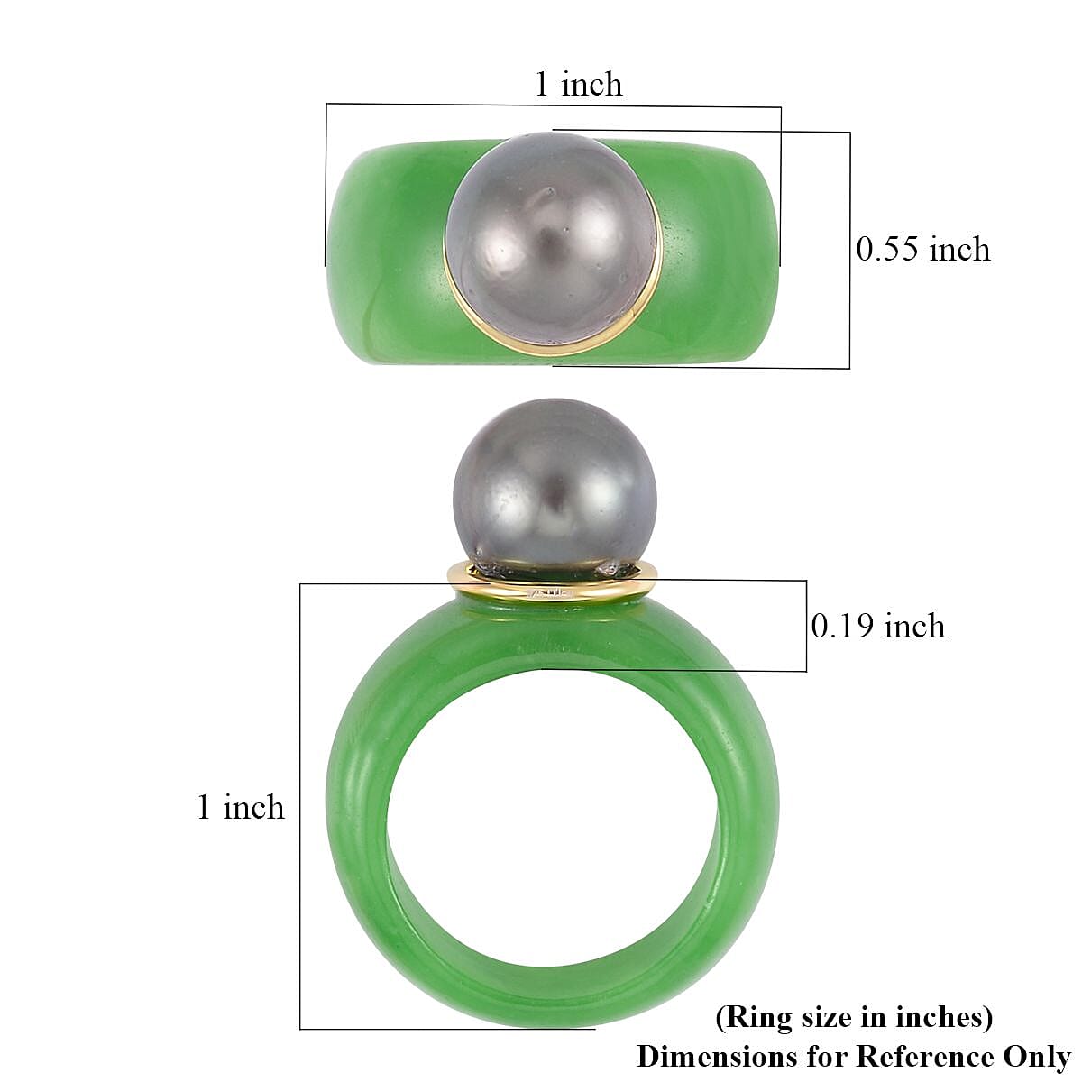 Tahitian Cultured Pearl 10-11mm, Green Jade Ring in Vermeil YG Over Sterling Silver (Size 10.0) 37.15 ctw image number 3