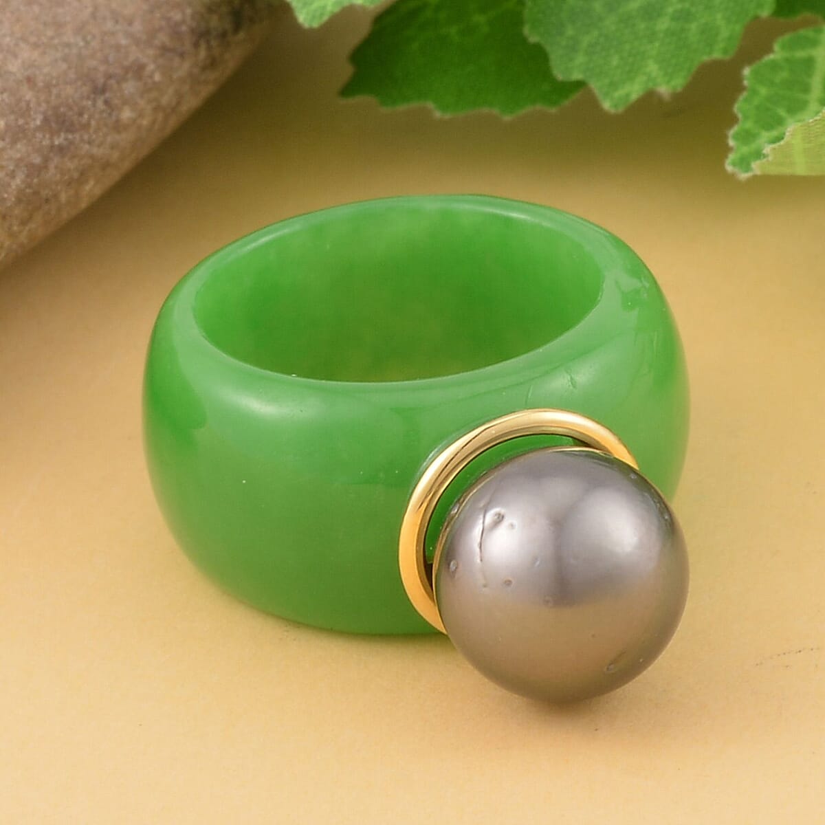 Tahitian Cultured Pearl and Green Jade (D) Ring in Vermeil Yellow Gold Over Sterling Silver (Size 5.0) 37.15 ctw image number 1