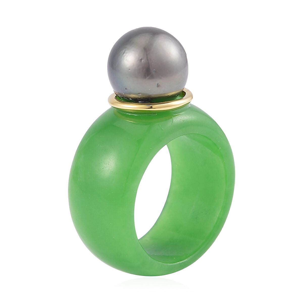 Tahitian Cultured Pearl and Green Jade (D) Ring in Vermeil Yellow Gold Over Sterling Silver (Size 7.0) 37.15 ctw image number 2