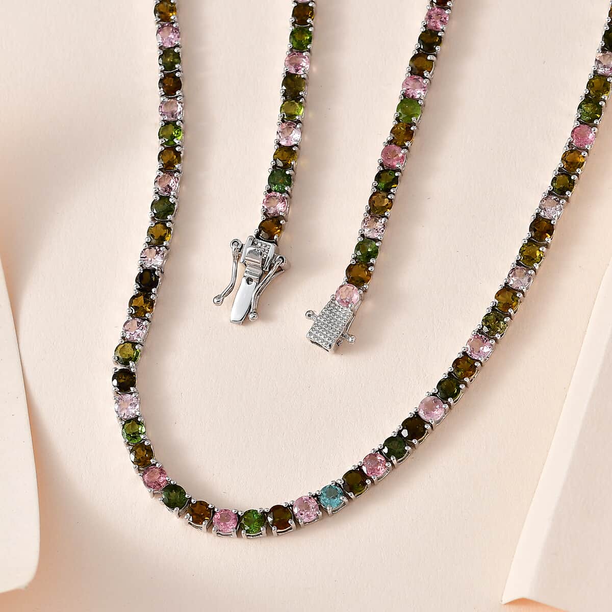 Multi-Tourmaline Tennis Necklace 18 Inches in Platinum Over Sterling Silver 25.50 ctw image number 1