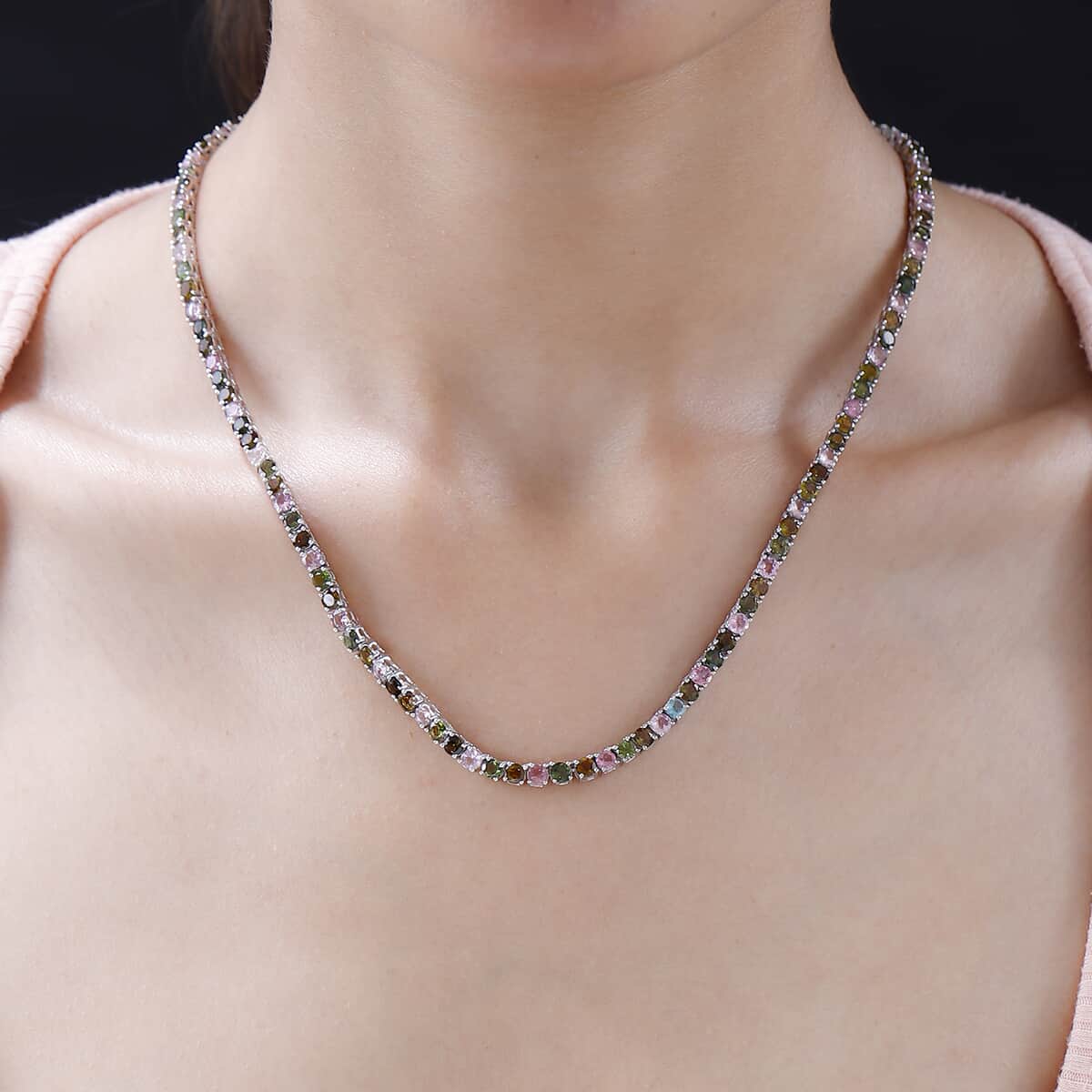 Multi-Tourmaline Tennis Necklace 18 Inches in Platinum Over Sterling Silver 25.50 ctw image number 2