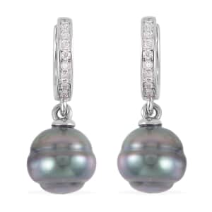 Tahitian Cultured Pearl and Moissanite Drop Earrings in Rhodium Over Sterling Silver 0.15 ctw