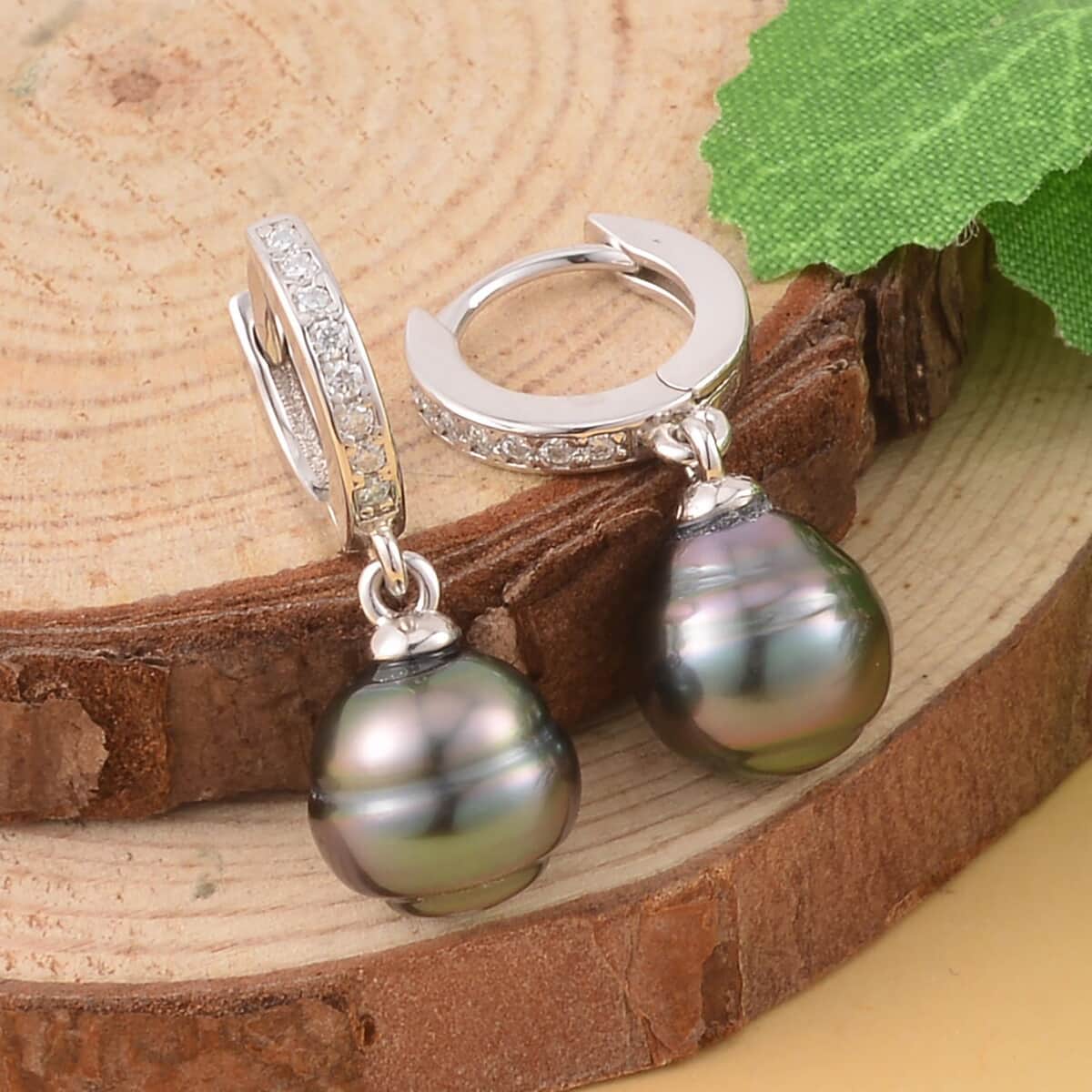 Tahitian Cultured Pearl and Moissanite Drop Earrings in Rhodium Over Sterling Silver 0.15 ctw image number 1