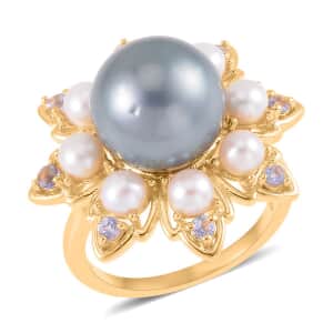 Tahitian Cultured Pearl and Multi Gemstone Floral Ring in Vermeil Yellow Gold Over Sterling Silver (Size 10.0) 0.30 ctw