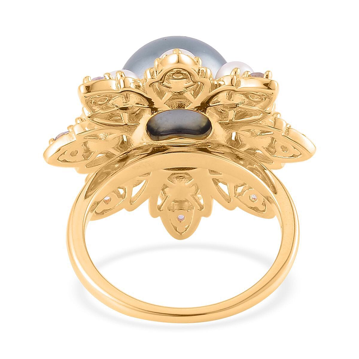 Tahitian Cultured Pearl and Multi Gemstone Floral Ring in Vermeil Yellow Gold Over Sterling Silver (Size 10.0) 0.30 ctw