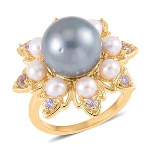 Tahitian Cultured Pearl and Multi Gemstone Floral Ring in Vermeil Yellow Gold Over Sterling Silver (Size 6.0) 0.30 ctw