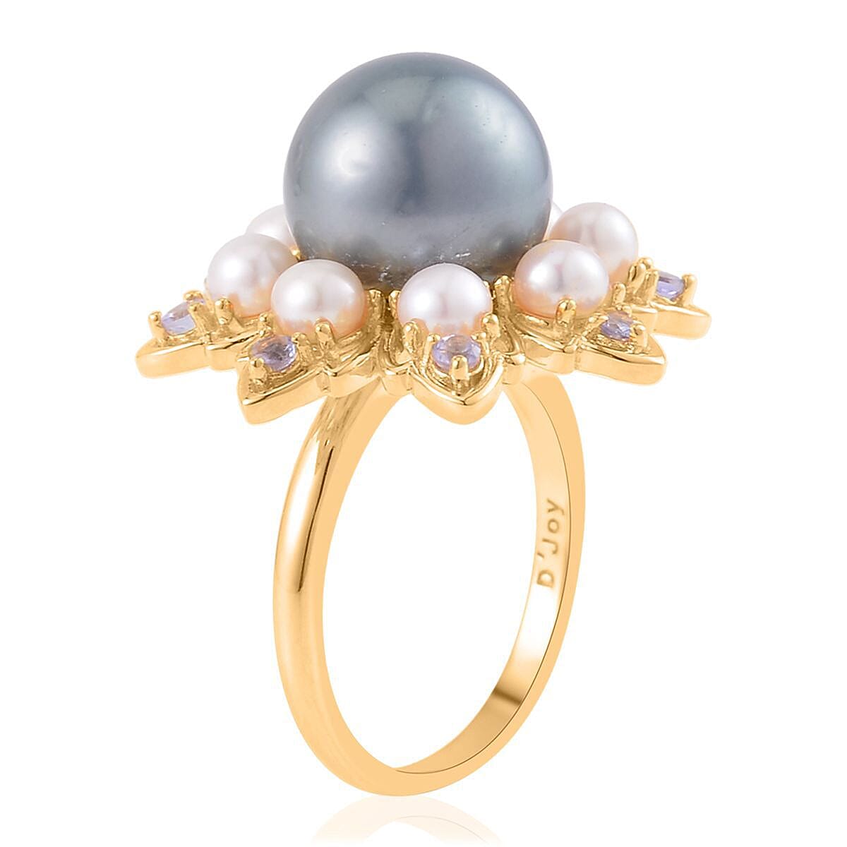 Tahitian Cultured Pearl and Multi Gemstone Floral Ring in Vermeil Yellow Gold Over Sterling Silver (Size 6.0) 0.30 ctw image number 3