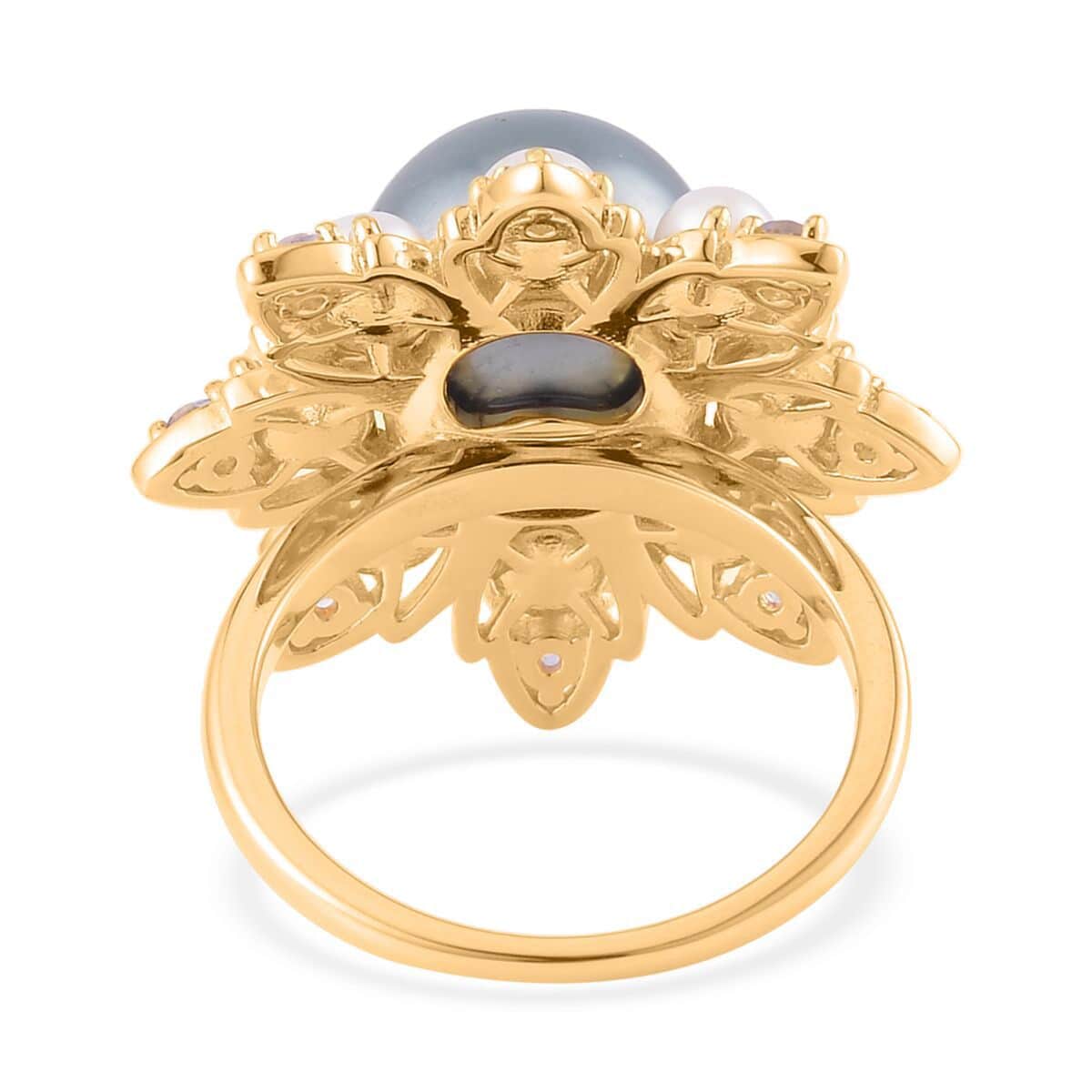 Tahitian Cultured Pearl and Multi Gemstone Floral Ring in Vermeil Yellow Gold Over Sterling Silver (Size 8.0) 0.30 ctw image number 4