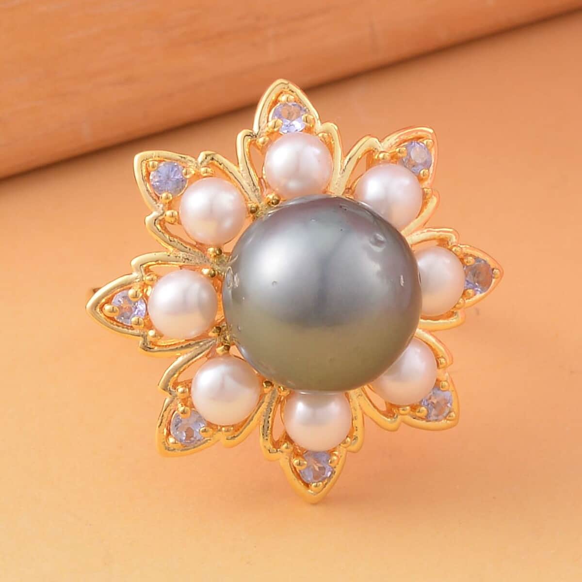 Tahitian Cultured Pearl and Multi Gemstone Floral Ring in Vermeil Yellow Gold Over Sterling Silver (Size 9.0) 0.30 ctw image number 1