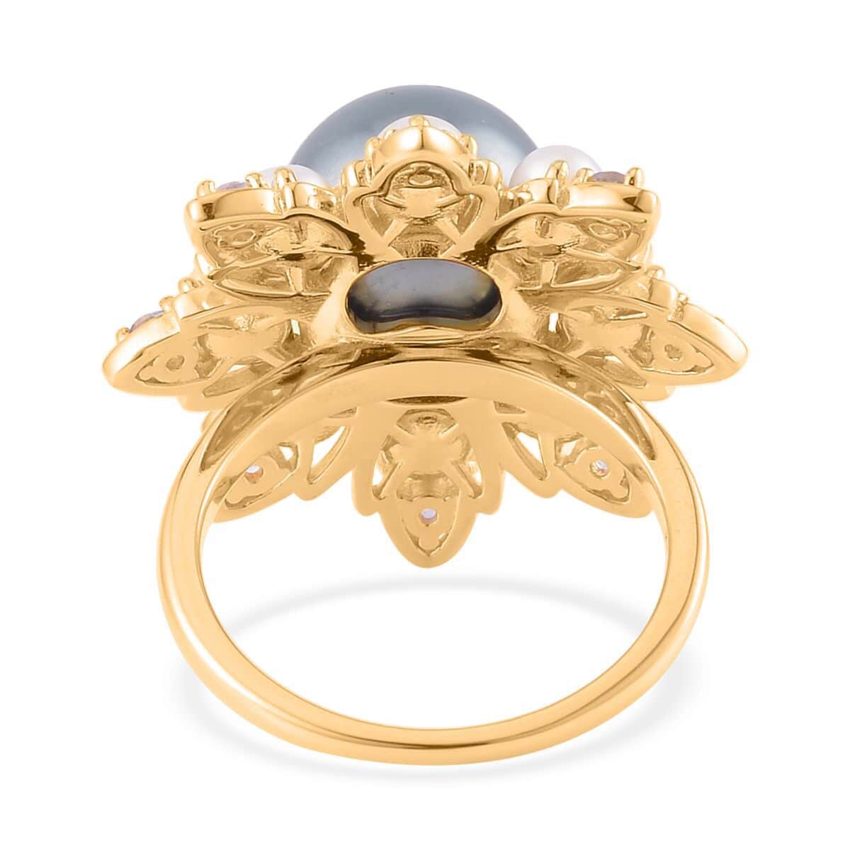 Tahitian Cultured Pearl and Multi Gemstone Floral Ring in Vermeil Yellow Gold Over Sterling Silver (Size 9.0) 0.30 ctw image number 4