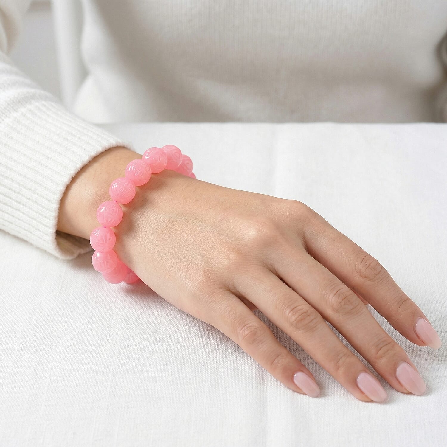 Pink Jade (D) 421.00 ctw Beaded Stretch Bracelet (7 In)