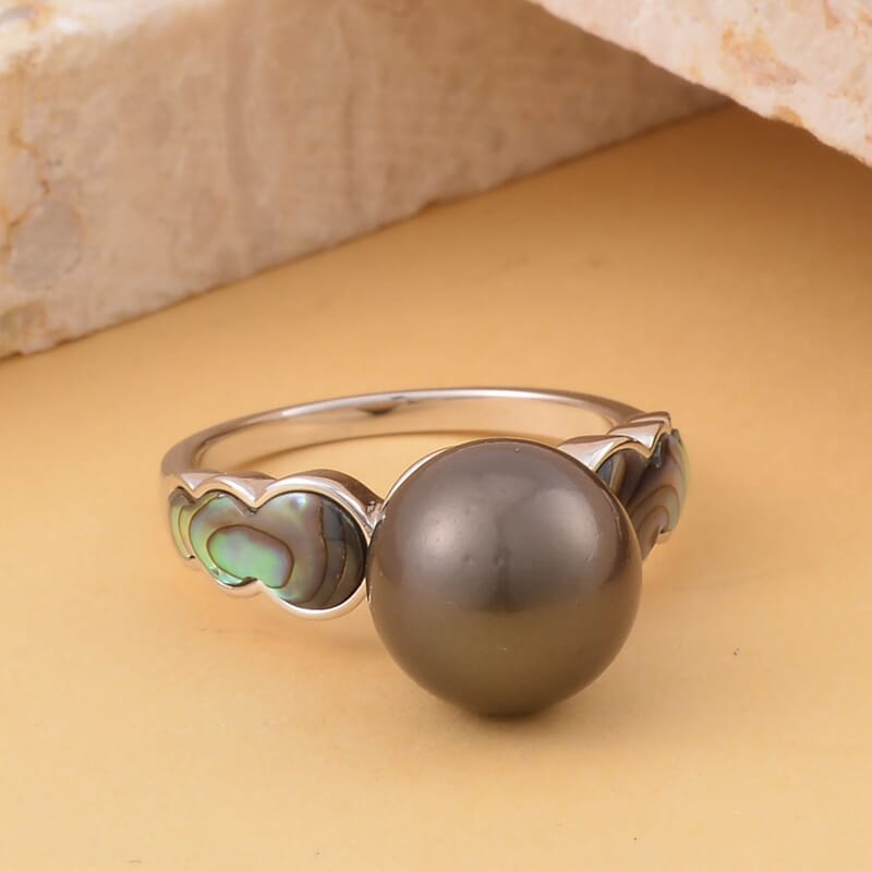 Tahitian Cultured Pearl and Abalone Shell Ring in Rhodium Over Sterling Silver (Size 10.0)