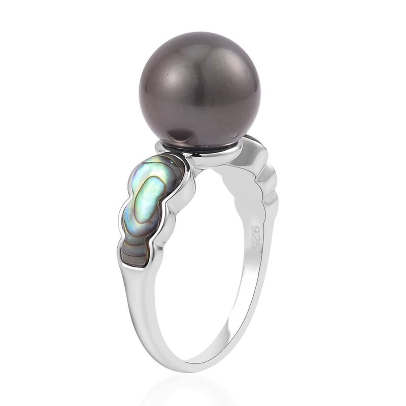 Tahitian Cultured Pearl and Abalone Shell Ring in Rhodium Over Sterling Silver (Size 10.0)
