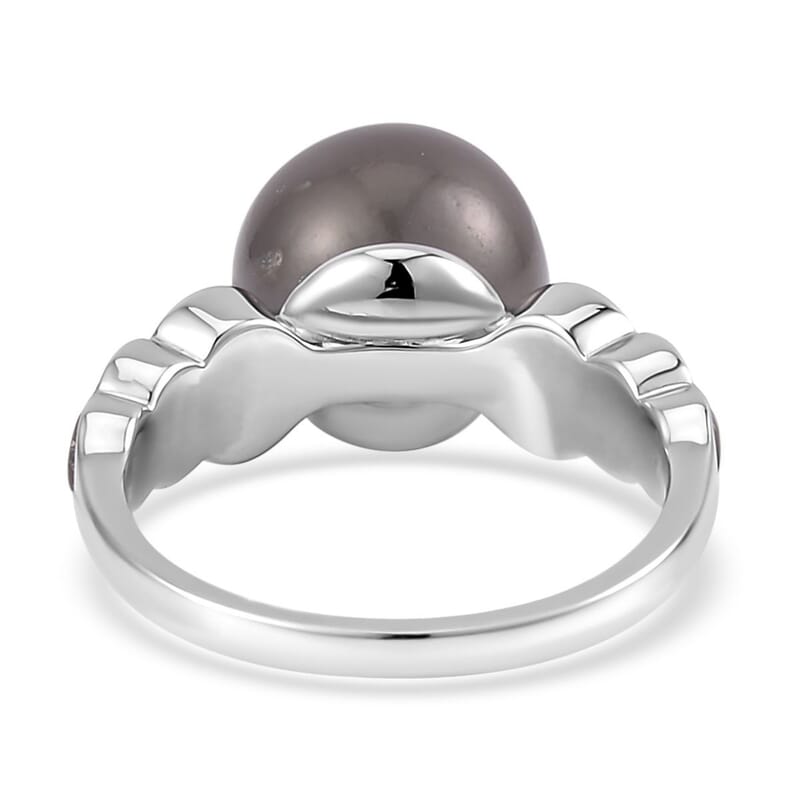 Tahitian Cultured Pearl and Abalone Shell Ring in Rhodium Over Sterling Silver (Size 10.0)