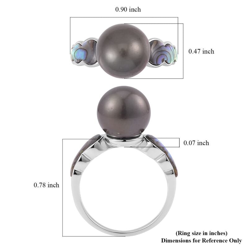 Tahitian Cultured Pearl and Abalone Shell Ring in Rhodium Over Sterling Silver (Size 10.0)