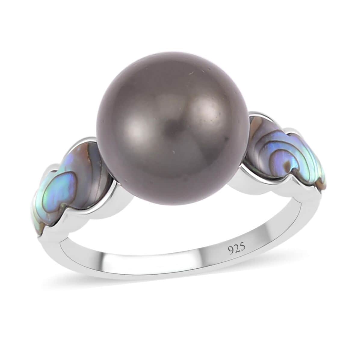Tahitian Cultured Pearl and Abalone Shell Ring in Rhodium Over Sterling Silver (Size 9.0) image number 0