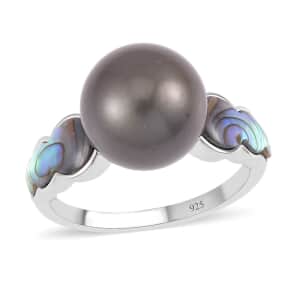 Tahitian Cultured Pearl and Abalone Shell Ring in Rhodium Over Sterling Silver (Size 9.0)