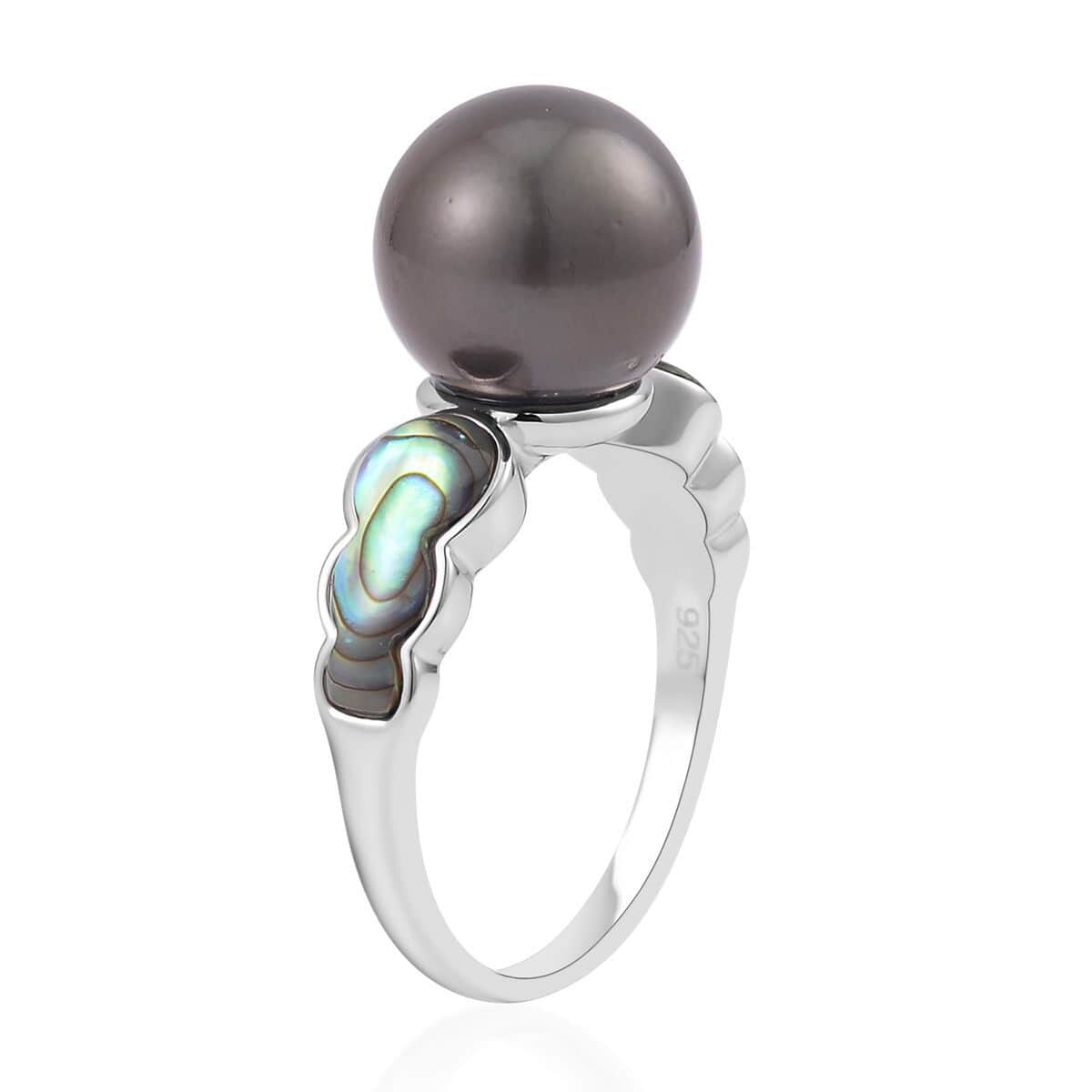 Tahitian Cultured Pearl and Abalone Shell Ring in Rhodium Over Sterling Silver (Size 9.0) image number 3
