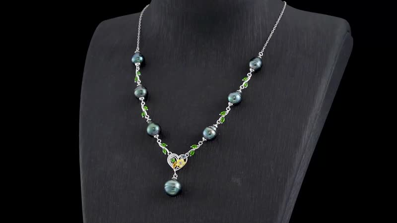 Tahitian Cultured Pearl and Multi Gemstone Drop Station Necklace 18-20 Inches in Rhodium Over Sterling Silver 1.25 ctw