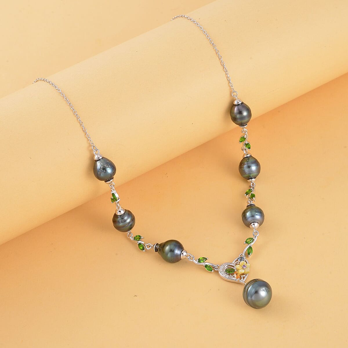Tahitian Cultured Pearl and Multi Gemstone Drop Station Necklace 18-20 Inches in Rhodium Over Sterling Silver 1.25 ctw image number 1