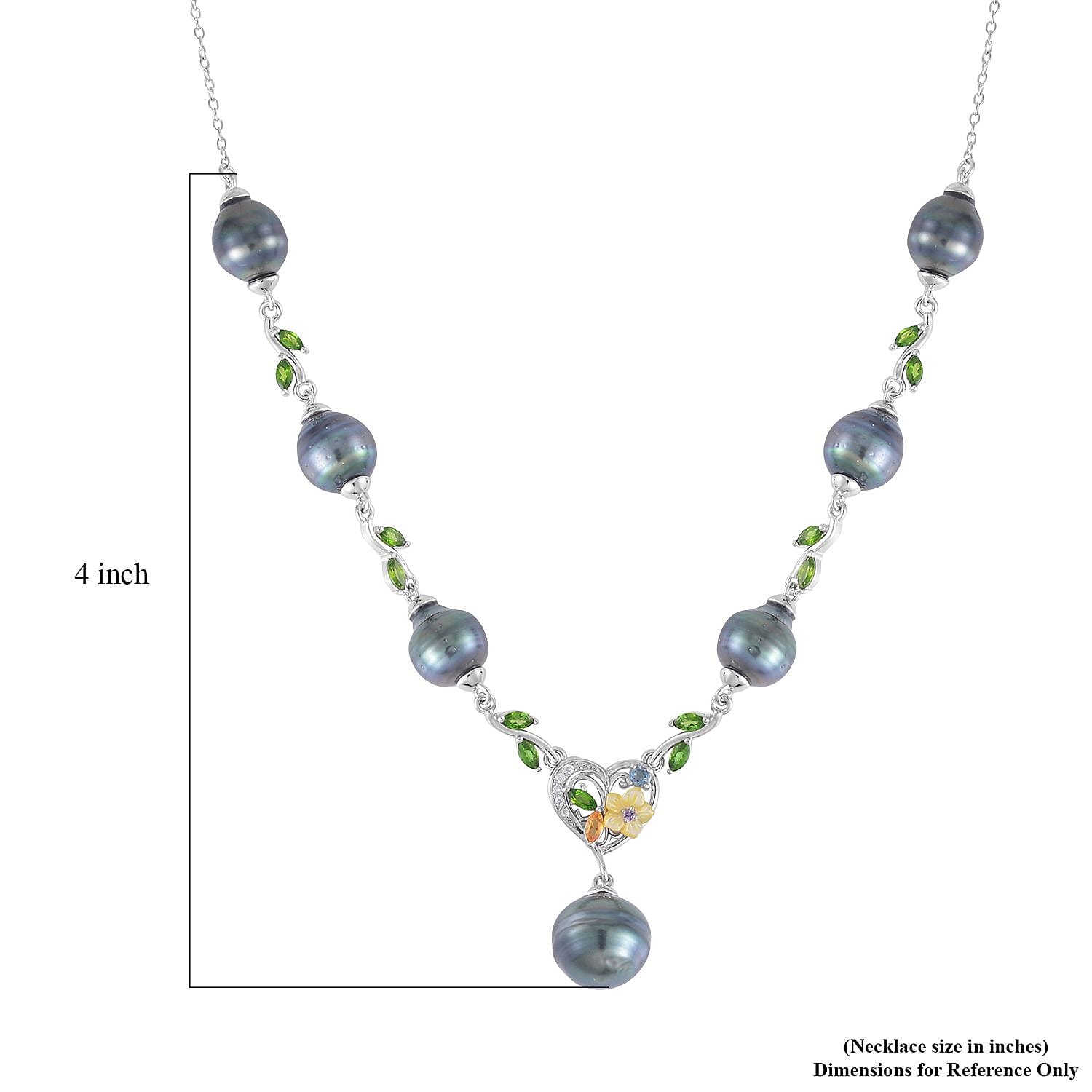 Tahitian Cultured Pearl and Multi Gemstone Drop Station Necklace 18-20 Inches in Rhodium Over Sterling Silver 1.25 ctw