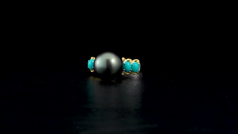Tahitian Cultured Pearl 11-12mm and Sleeping Beauty Turquoise Vermeil YG and Rhodium Over Ring in Sterling Silver (Size 8.0) 0.50 ctw